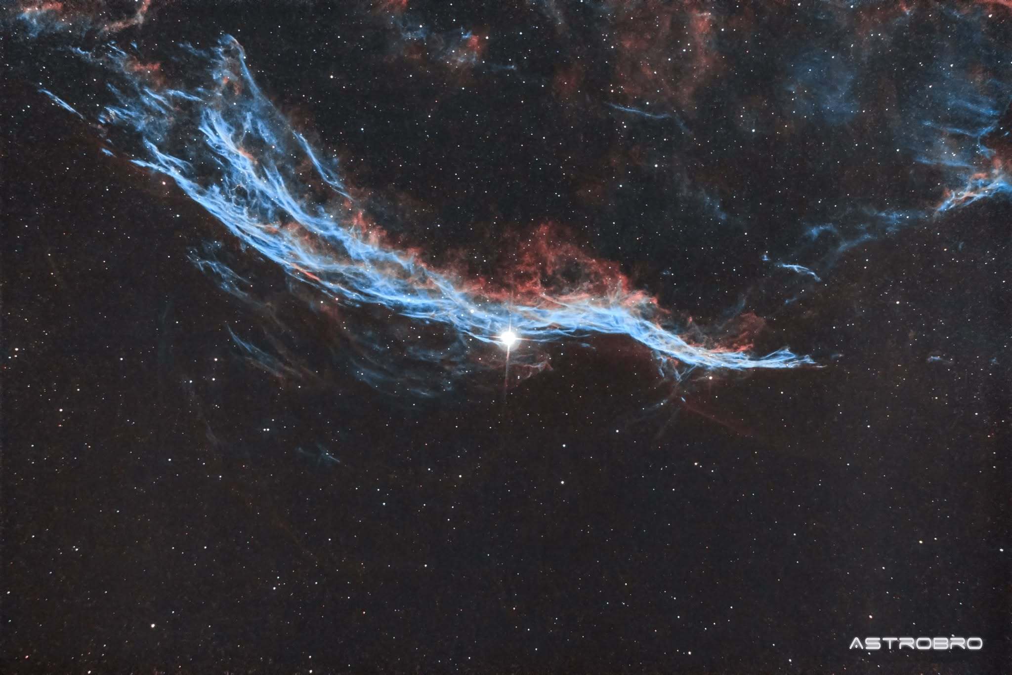 Nébuleuse du Balai de Sorcière (NGC 6960) photographiée au télescope : long ruban de filaments rouges et bleus traversant le champ de part en part, longeant une étoile brillante, dans le Cygne.