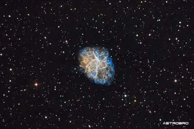 Nébuleuse du Crabe (M1) photographiée au télescope : nuage ovale orangé strié de filaments en réseau, cœur bleuté diffus, sur fond d'étoiles du Taureau.