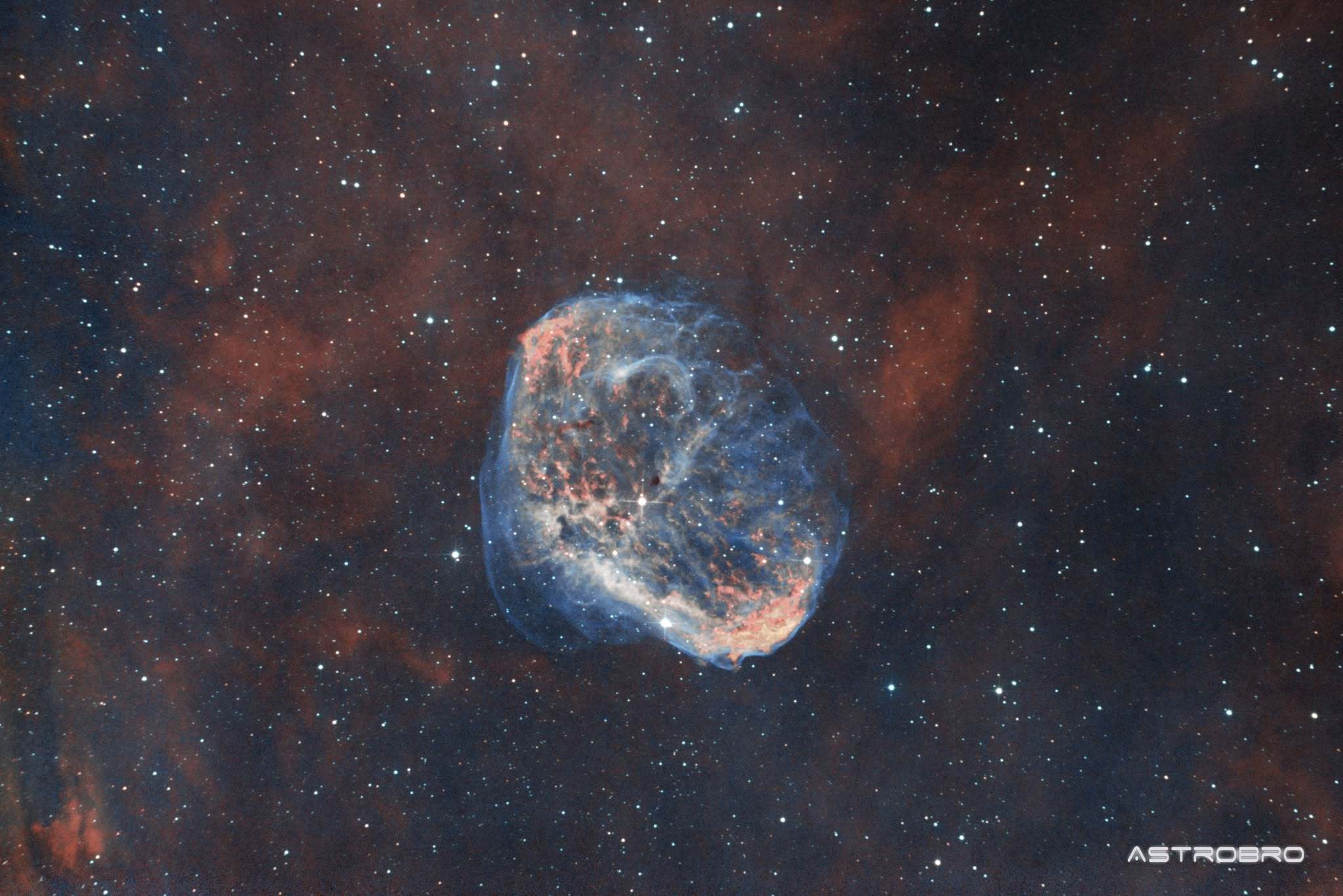 Nébuleuse du Croissant (NGC 6888) photographiée au télescope : coquille de gaz en forme de croissant, filaments rouges et cœur bleu-vert, entourée d'un halo d'hydrogène, dans le Cygne.