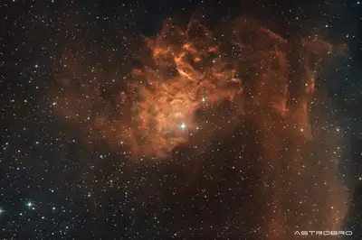 Nébuleuse de l'Étoile Flamboyante (IC 405) photographiée au télescope : volutes de gaz orange et cuivré striées de filaments sombres, autour de l'étoile brillante AE Aurigae, sur un champ dense d'étoiles.