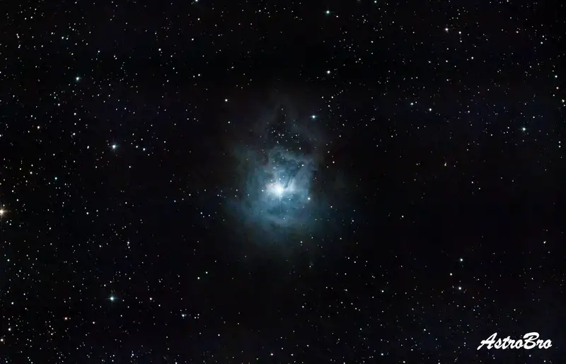 Nébuleuse de l'Iris (NGC 7023) photographiée au télescope : nuage bleu vif aux pétales découpés autour d'une étoile centrale, cerné de poussières brunes opaques, dans la constellation de Céphée.