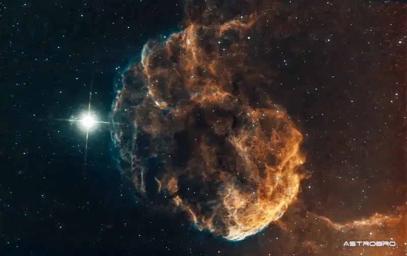 Nébuleuse de la Méduse (IC 443) photographiée au télescope : arc de filaments rouges et bleutés en réseau enchevêtré évoquant une chevelure, dans la constellation des Gémeaux.