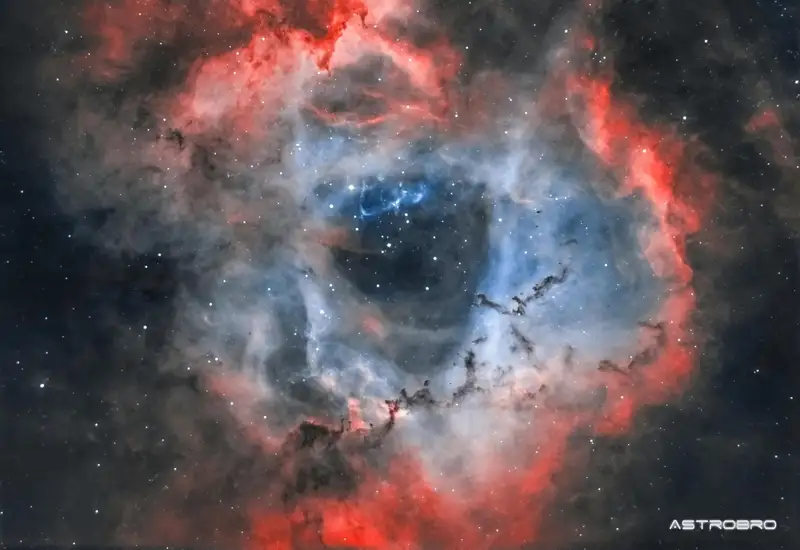 Nébuleuse de la Rosette photographiée au télescope : vaste couronne d'hydrogène rouge percée en son centre d'une cavité claire occupée par un amas d'étoiles bleues, dans la constellation de la Licorne.