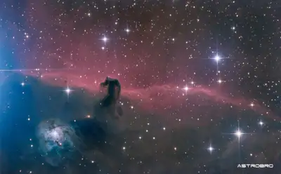 Nébuleuse de la Tête de Cheval (B33) photographiée au télescope : silhouette sombre en forme de tête de cheval se détachant sur un vaste fond d'hydrogène rouge, dans la constellation d'Orion.