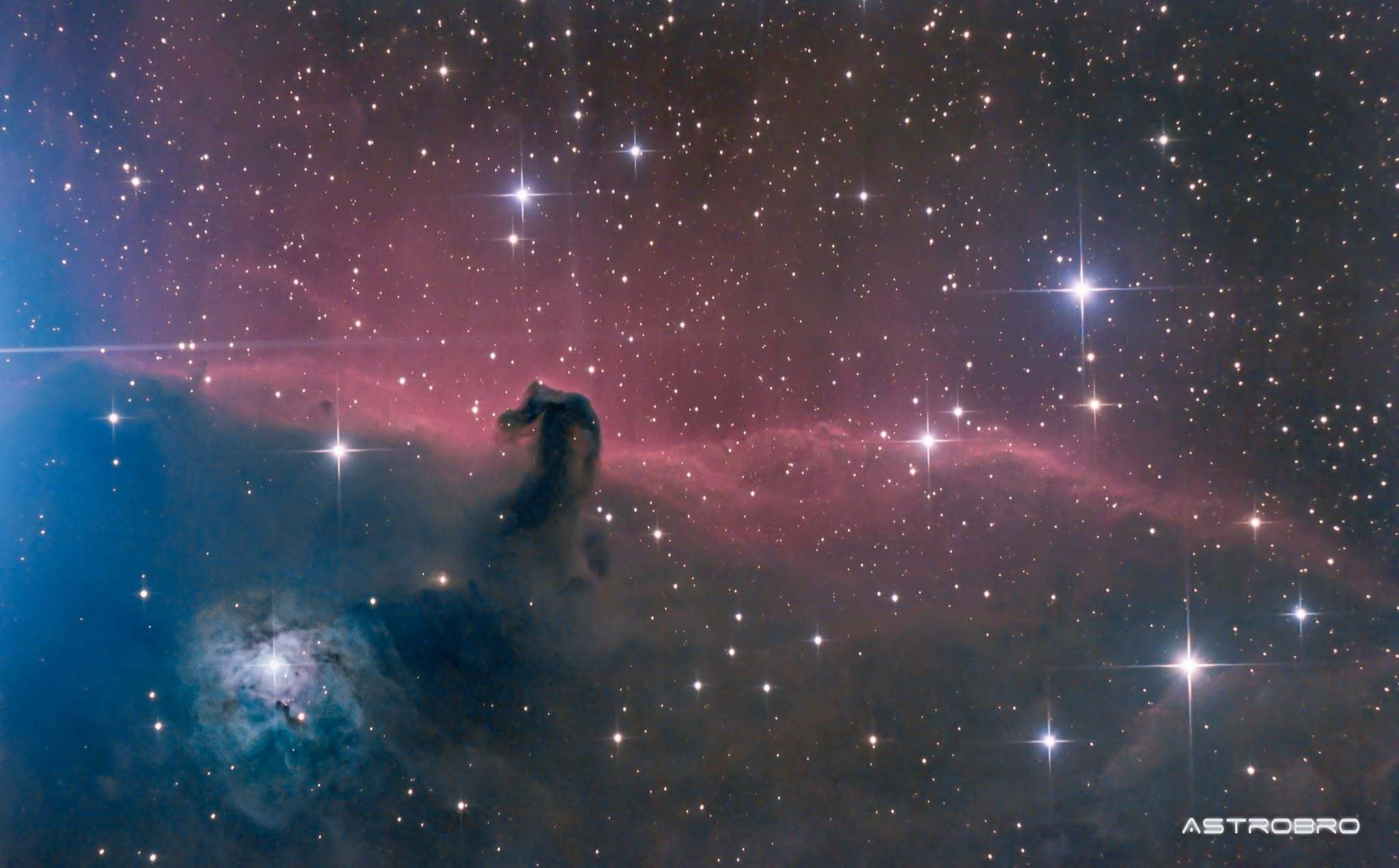 Nébuleuse de la Tête de Cheval (B33) photographiée au télescope : silhouette sombre en forme de tête de cheval se détachant sur un vaste fond d'hydrogène rouge, dans la constellation d'Orion.
