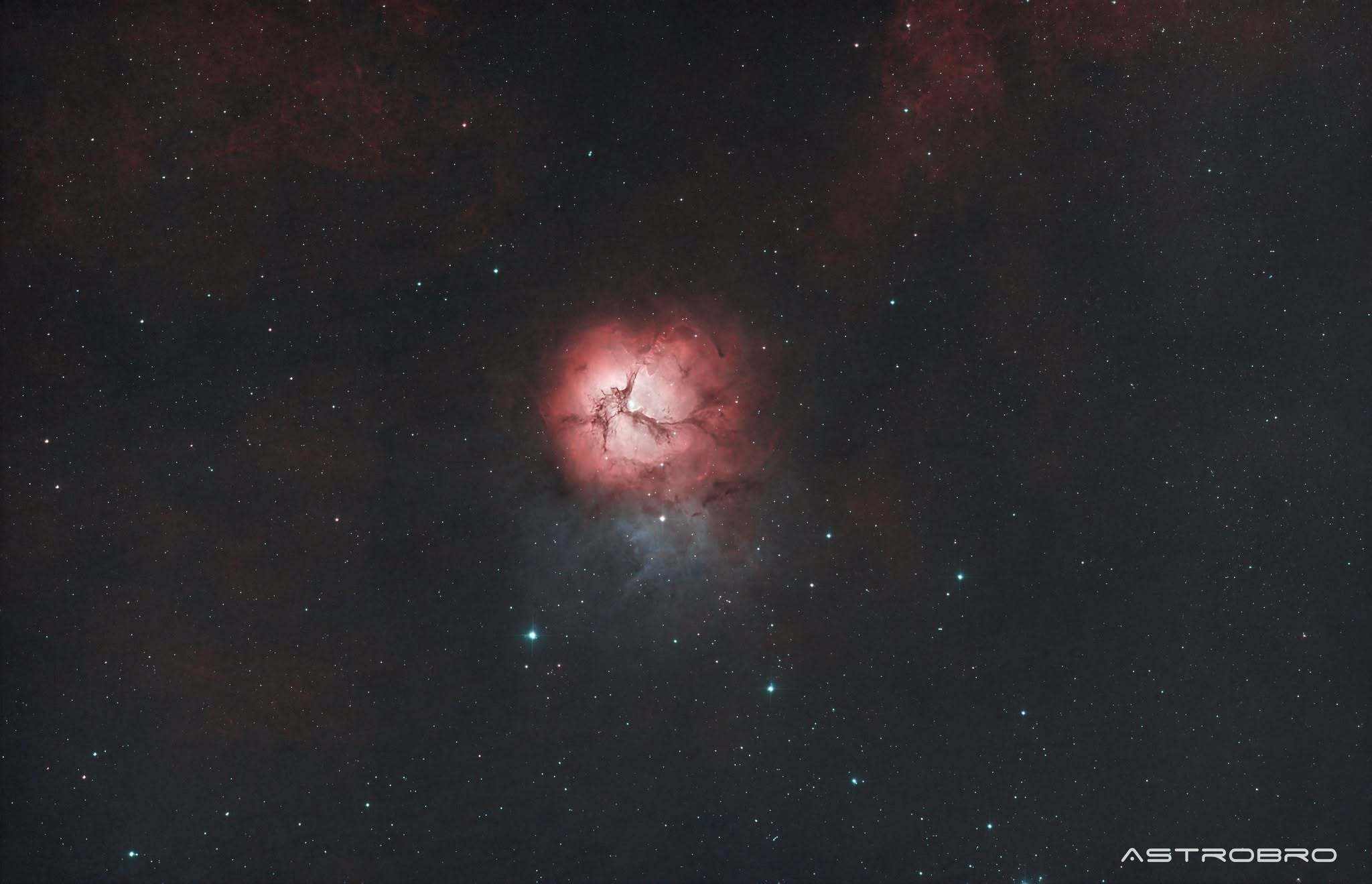 Nébuleuse de la Trifide (M20) photographiée au télescope : globe de gaz rose découpé en trois lobes par des bandes de poussière sombre, avec une nébuleuse bleue par réflexion juste en dessous.