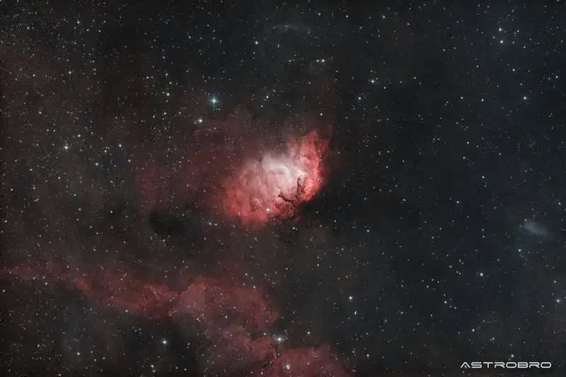 Nébuleuse de la Tulipe (Sh2-101) photographiée au télescope : nuage d'hydrogène rouge en forme de pétales autour d'un cœur clair, dans un champ dense d'étoiles du Cygne strié de nébulosités diffuses.